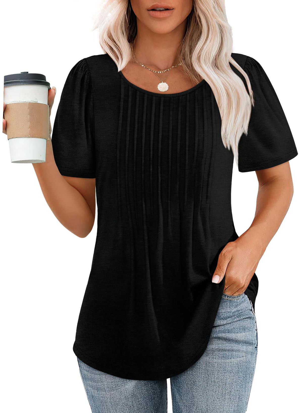 Women's Short Sleeve Pleated Dressy Casual Scooped Neck Tops