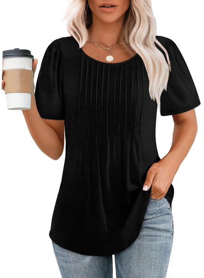 Women's Short Sleeve Pleated Dressy Casual Scooped Neck Tops