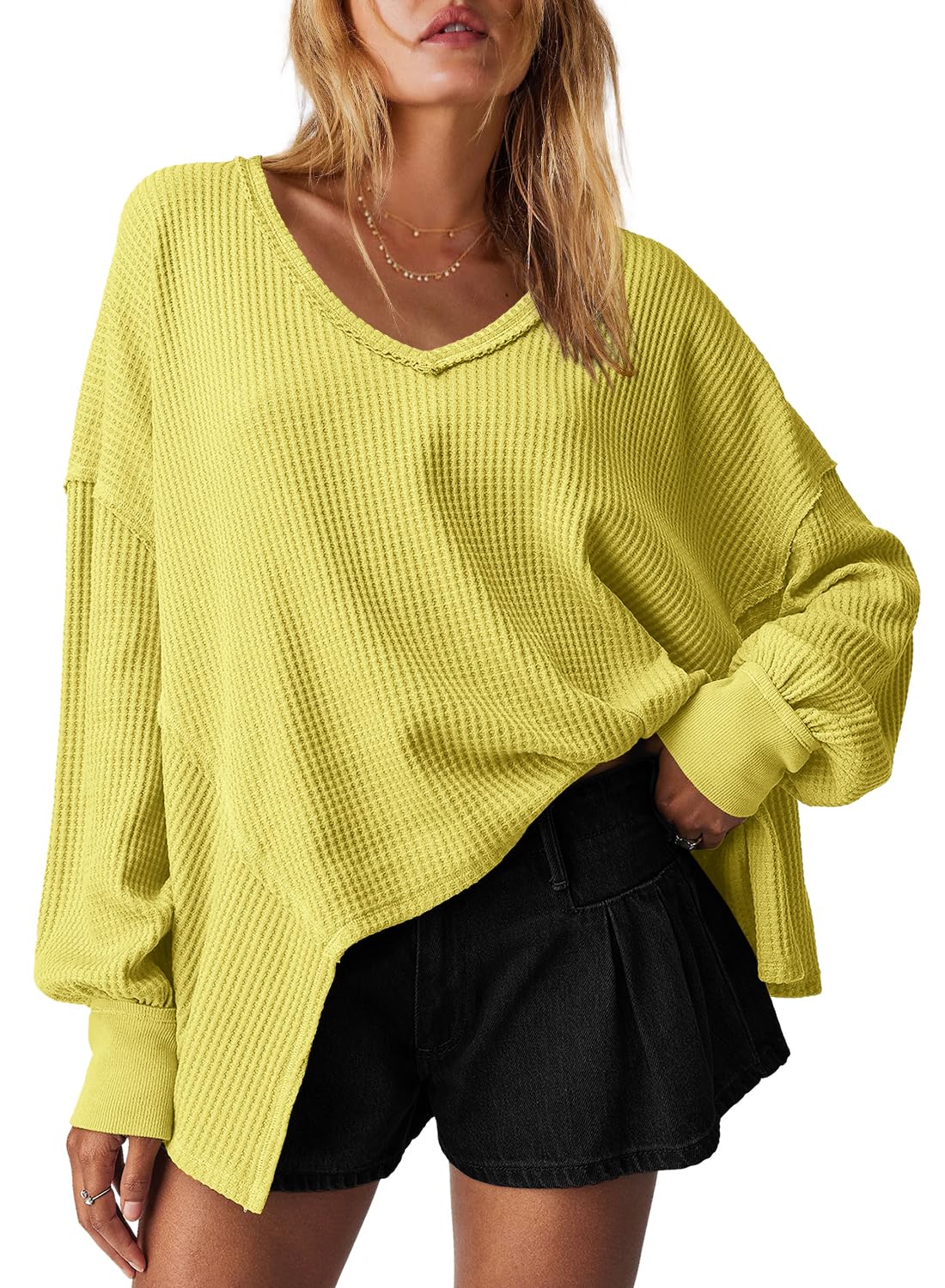 Women's Waffle Knit Oversized V Neck Batwing Long Sleeve Tops