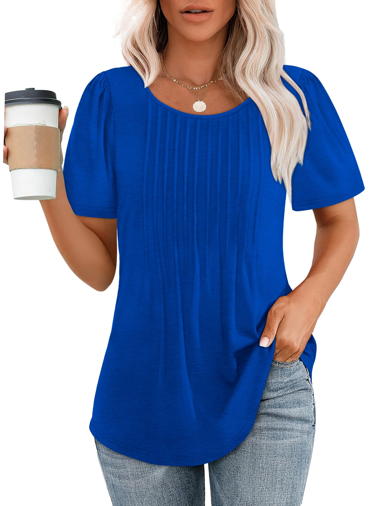 Women's Short Sleeve Pleated Dressy Casual Scooped Neck Tops