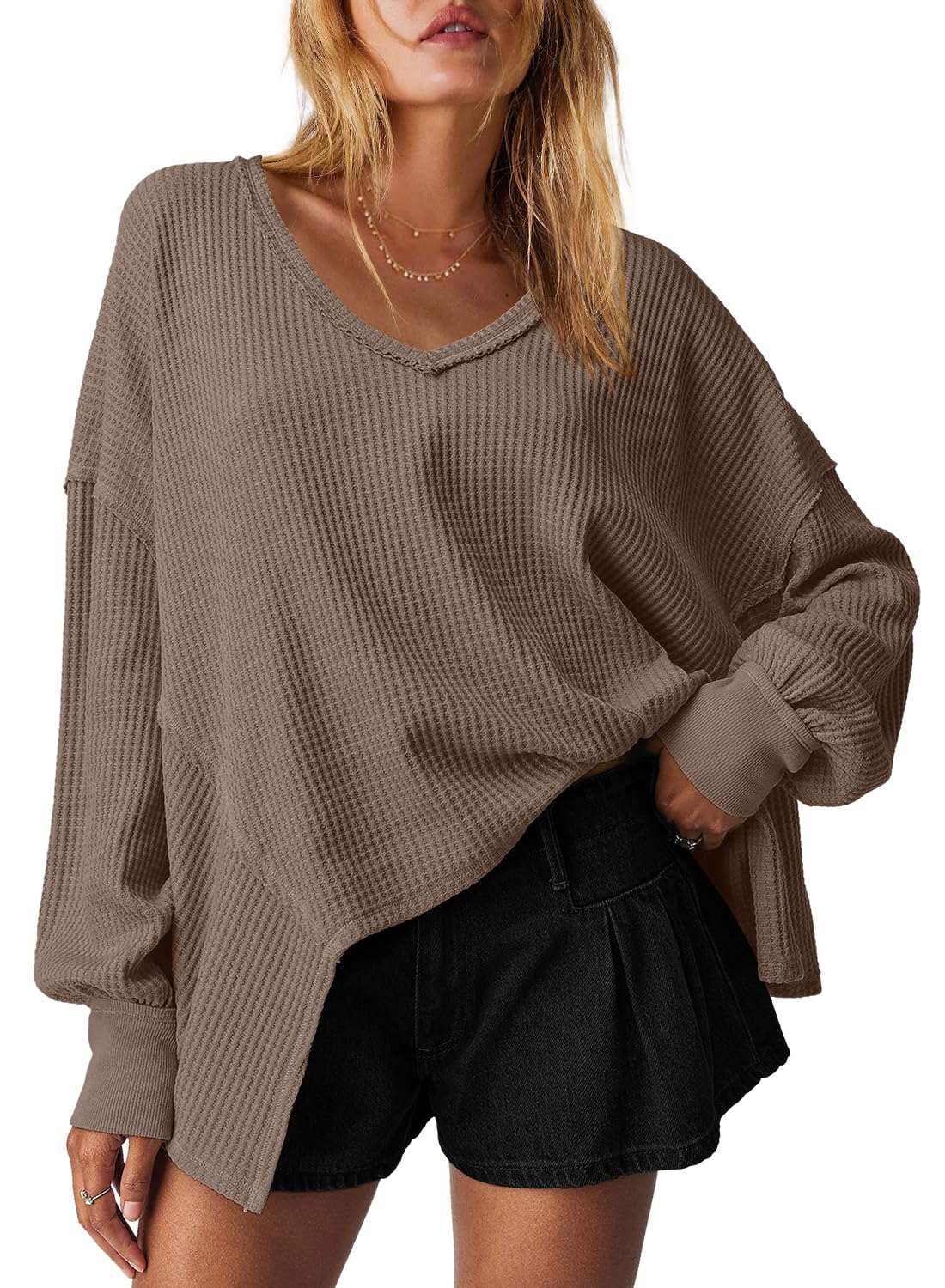 Women's Waffle Knit Oversized V Neck Batwing Long Sleeve Tops