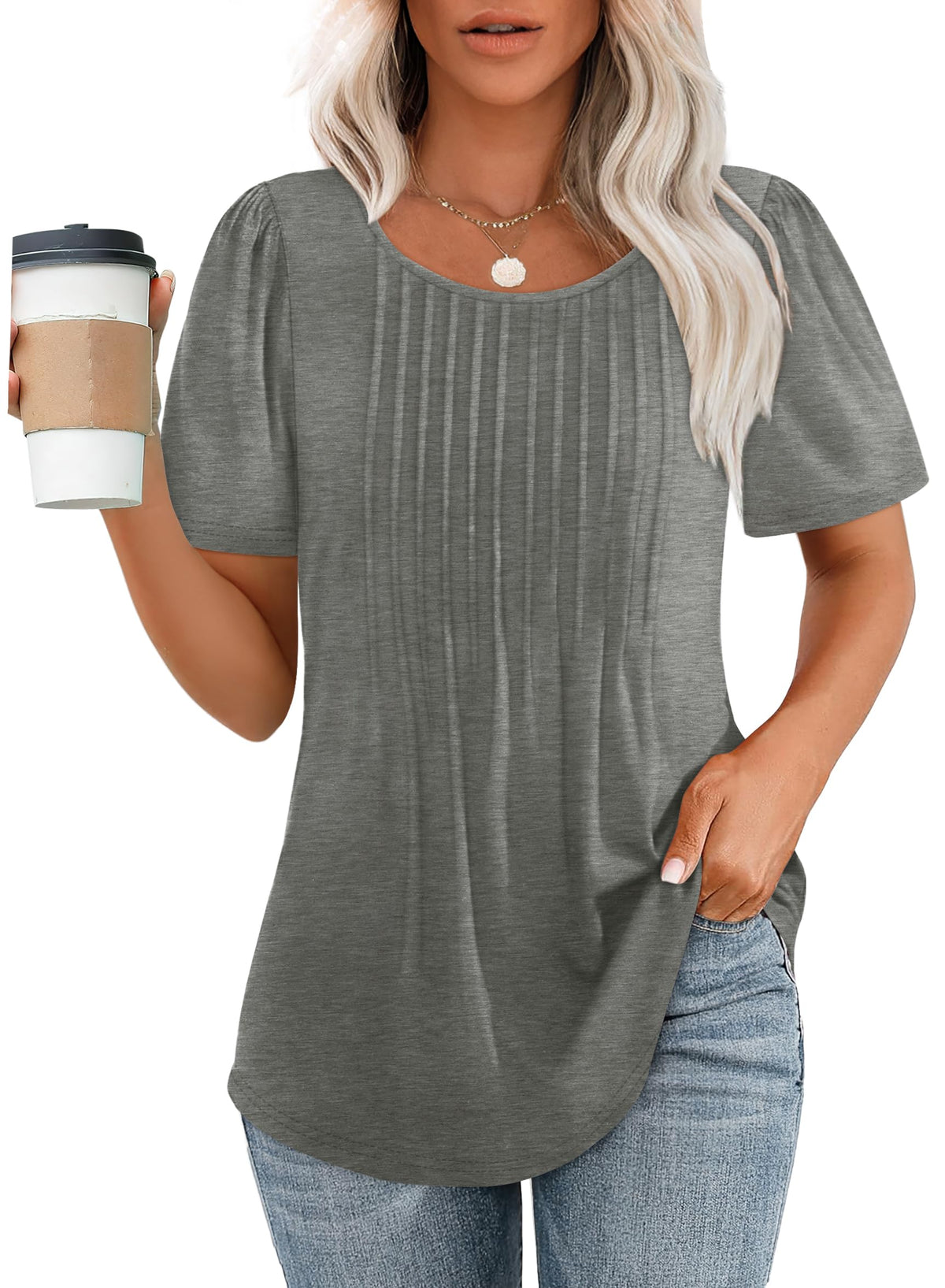 Women's Short Sleeve Pleated Dressy Casual Scooped Neck Tops