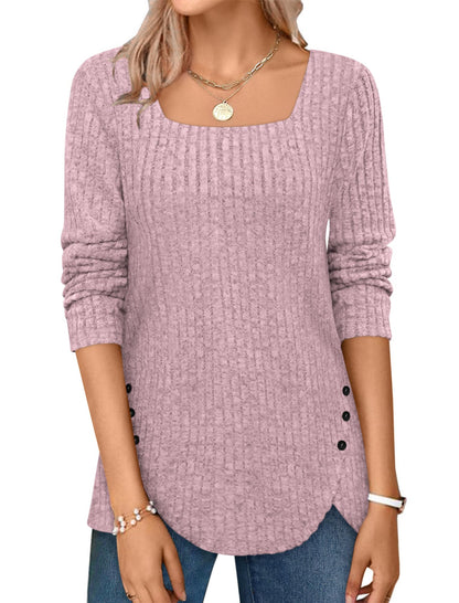 ✨Squared Neck Sweater Ribbed Knit Tunic Tee Shirts