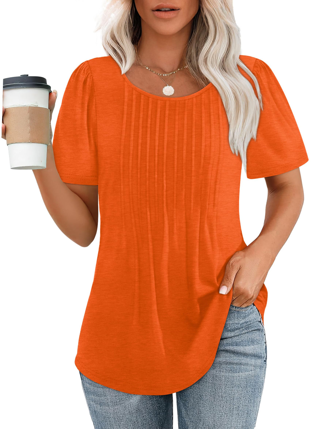 Women's Short Sleeve Pleated Dressy Casual Scooped Neck Tops