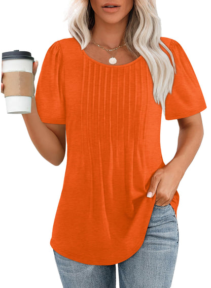Women's Short Sleeve Pleated Dressy Casual Scooped Neck Tops