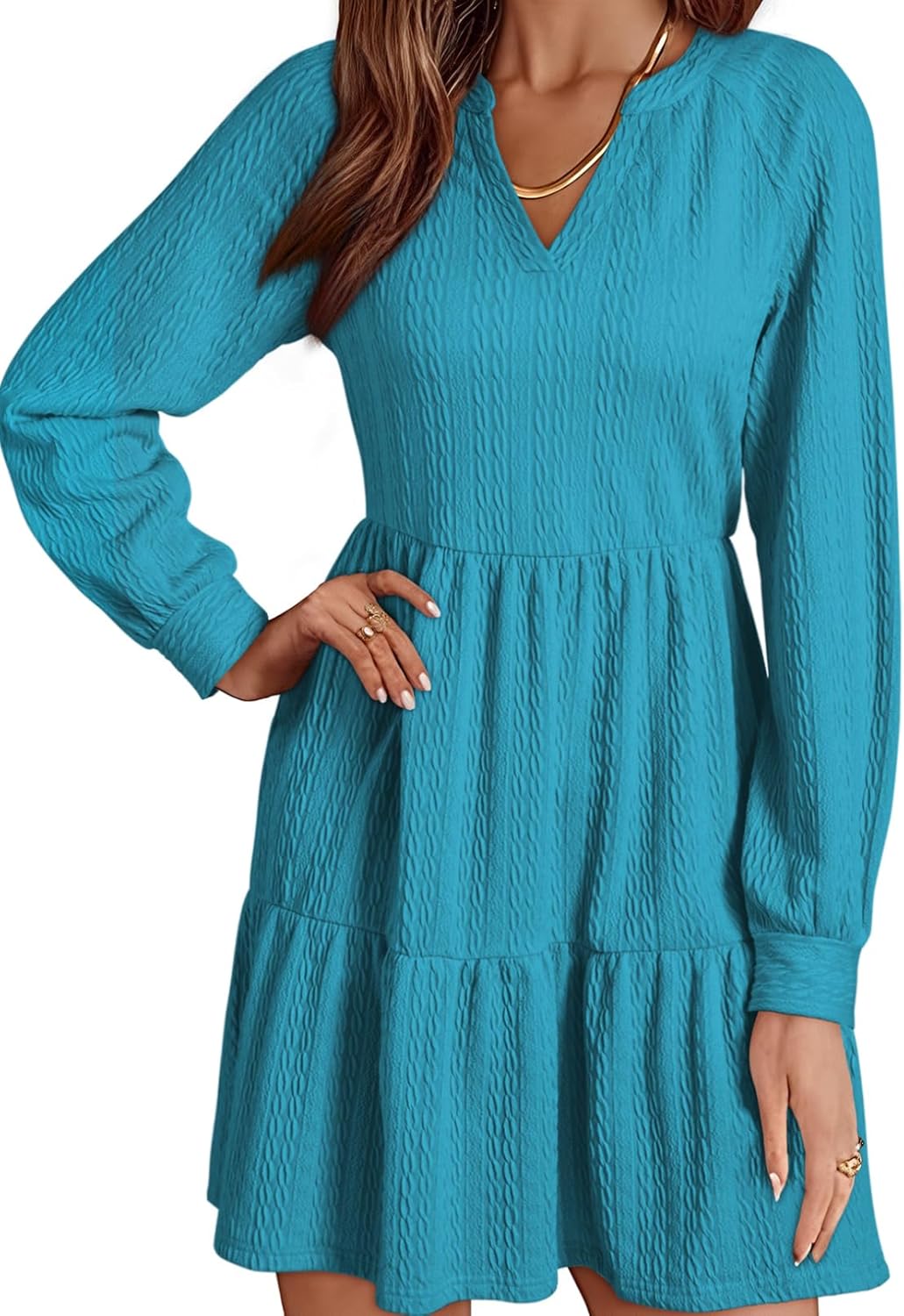✨Womens Long Sleeve V Neck Textured  Tiered Ruffle  Mini Babydoll Dress