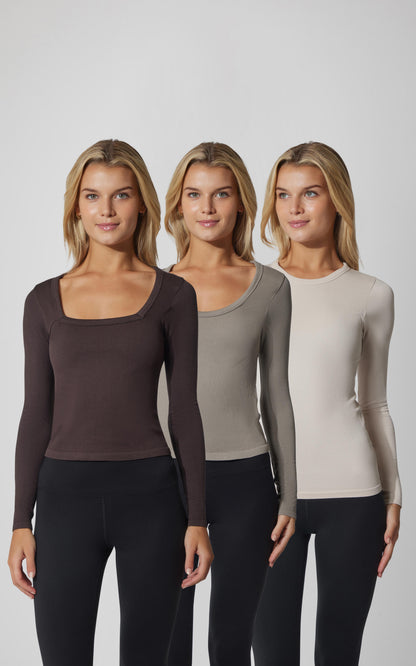 90 Degree by Reflex 3 PK Ribbed Seamless Crew Neck, Scoop Neck and Square Neck Long Sleeve Top