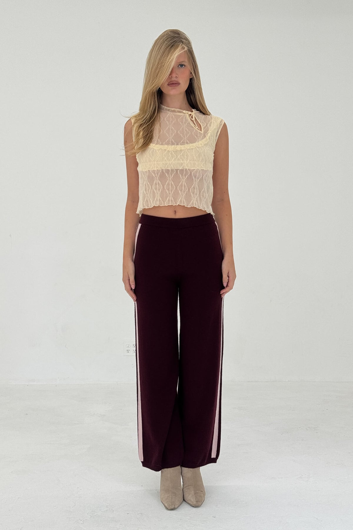 Cashmere Wool Stripe Wide-leg Pant in Raspberry