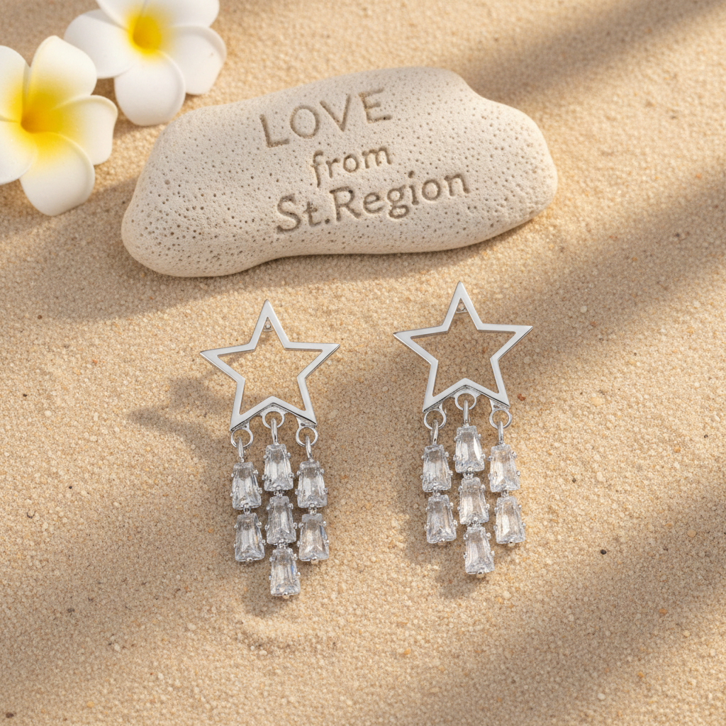 Crystal & Silvertone Open Star Tassel Drop Earrings