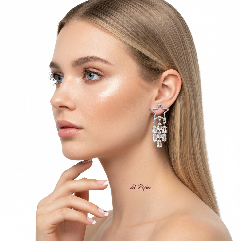 Crystal & Silvertone Open Star Tassel Drop Earrings