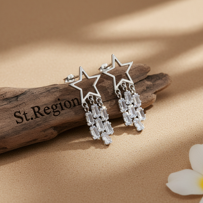 Crystal & Silvertone Open Star Tassel Drop Earrings