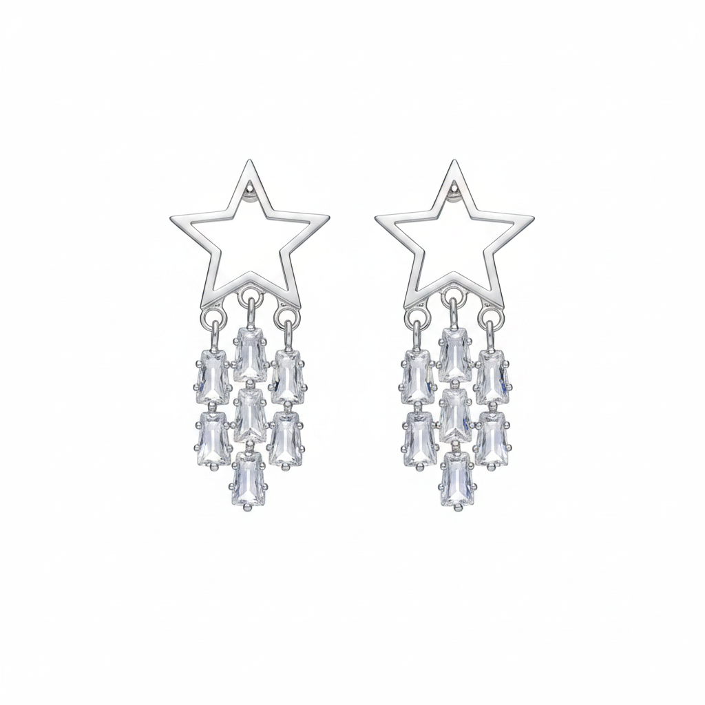 Crystal & Silvertone Open Star Tassel Drop Earrings