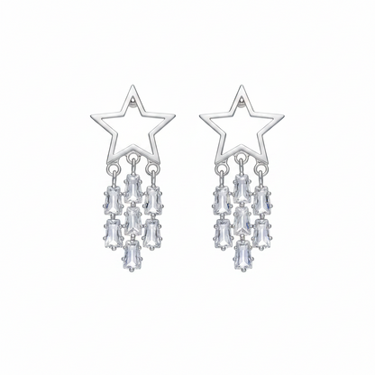 Crystal & Silvertone Open Star Tassel Drop Earrings