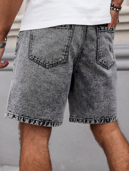 Men's Summer Denim Shorts. Straight-leg fit. Ripped design. Dark gray denim embroidered shorts