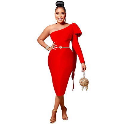 Women One Shoulder Skew Neck Bow Splicing One Long Sleeve Bodycon Midi Dress 2022 Sexy Party Prom Evenging Summer Dresses
