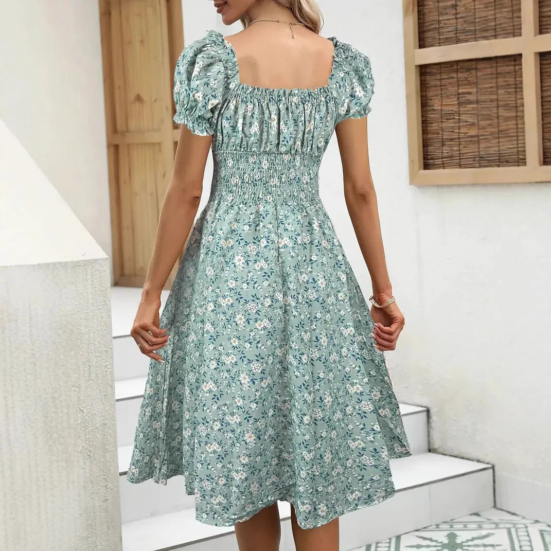 2026 Summer New Vintage Floral Bubble Sleeve French Dress