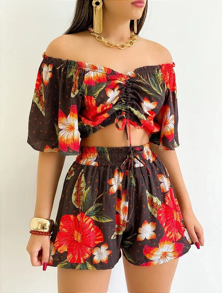 Shoulder Slash Neck T-shirt Shorts Set Office Lady Floral Print Lace Up Short Sleeve Two Piece Set Women Outfit 2026