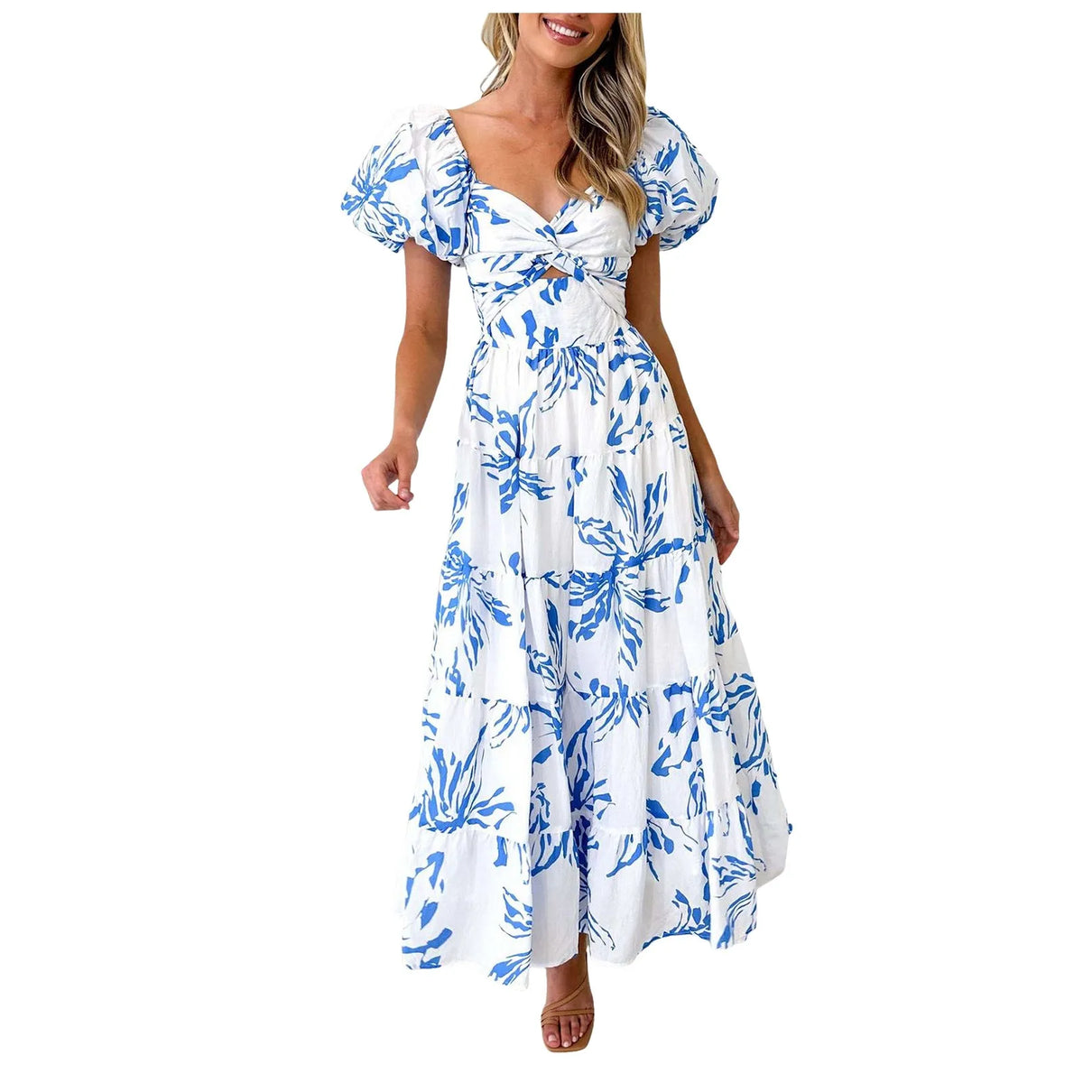 Summer V Neck Cutout Floral Print Dresses Elegant Women Puff Short Sleeve Casual Dress Pleated Waisted Swing Beach Long Dress 2026