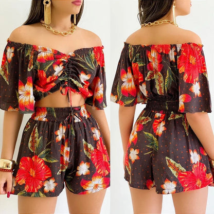 Shoulder Slash Neck T-shirt Shorts Set Office Lady Floral Print Lace Up Short Sleeve Two Piece Set Women Outfit 2026