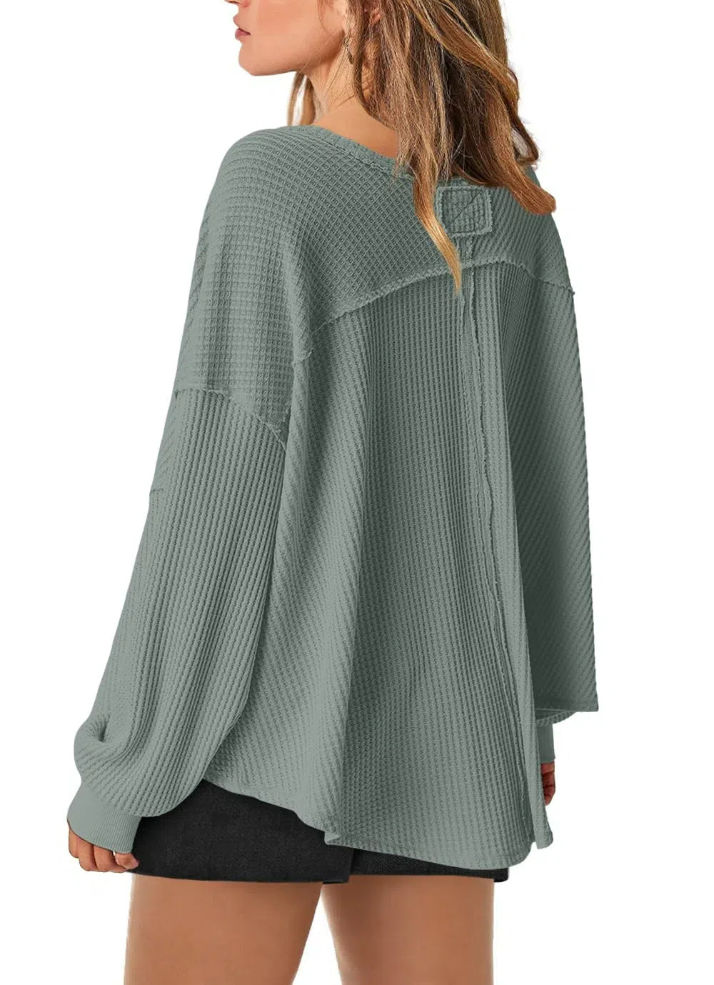 Women's Waffle Knit Oversized V Neck Batwing Long Sleeve Tops
