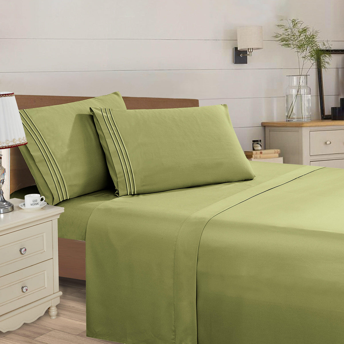 Elegant Comfort Essential 4-Piece 3-Line Embroidery Sheet Set, Soft as a Hotel Premium Quality,  Moody Shades