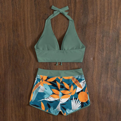 Women's Paneled Printed Swimsuit Ladies Fashion High Waist Swimsuit Two-Piece Set V-Neck Bathing Suits Female