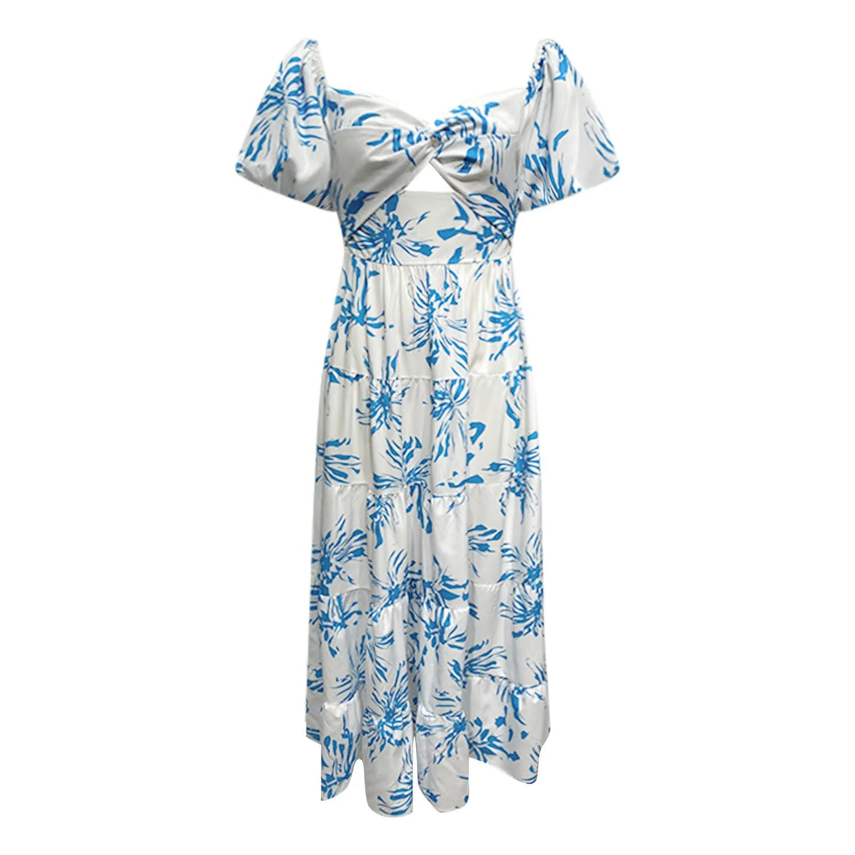 Summer V Neck Cutout Floral Print Dresses Elegant Women Puff Short Sleeve Casual Dress Pleated Waisted Swing Beach Long Dress 2026