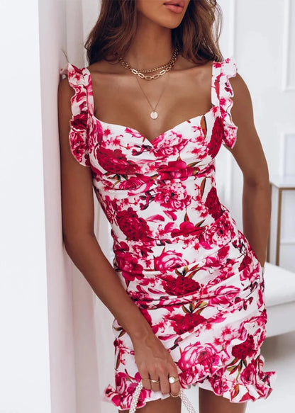 Summer New Women's Ruffle Edge Sleeveless V-neck Wrap Hip Fragmented Flower Dress