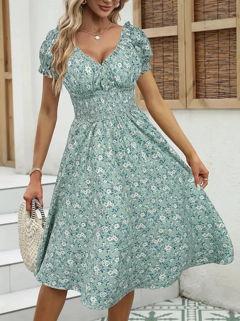 2026 Summer New Vintage Floral Bubble Sleeve French Dress
