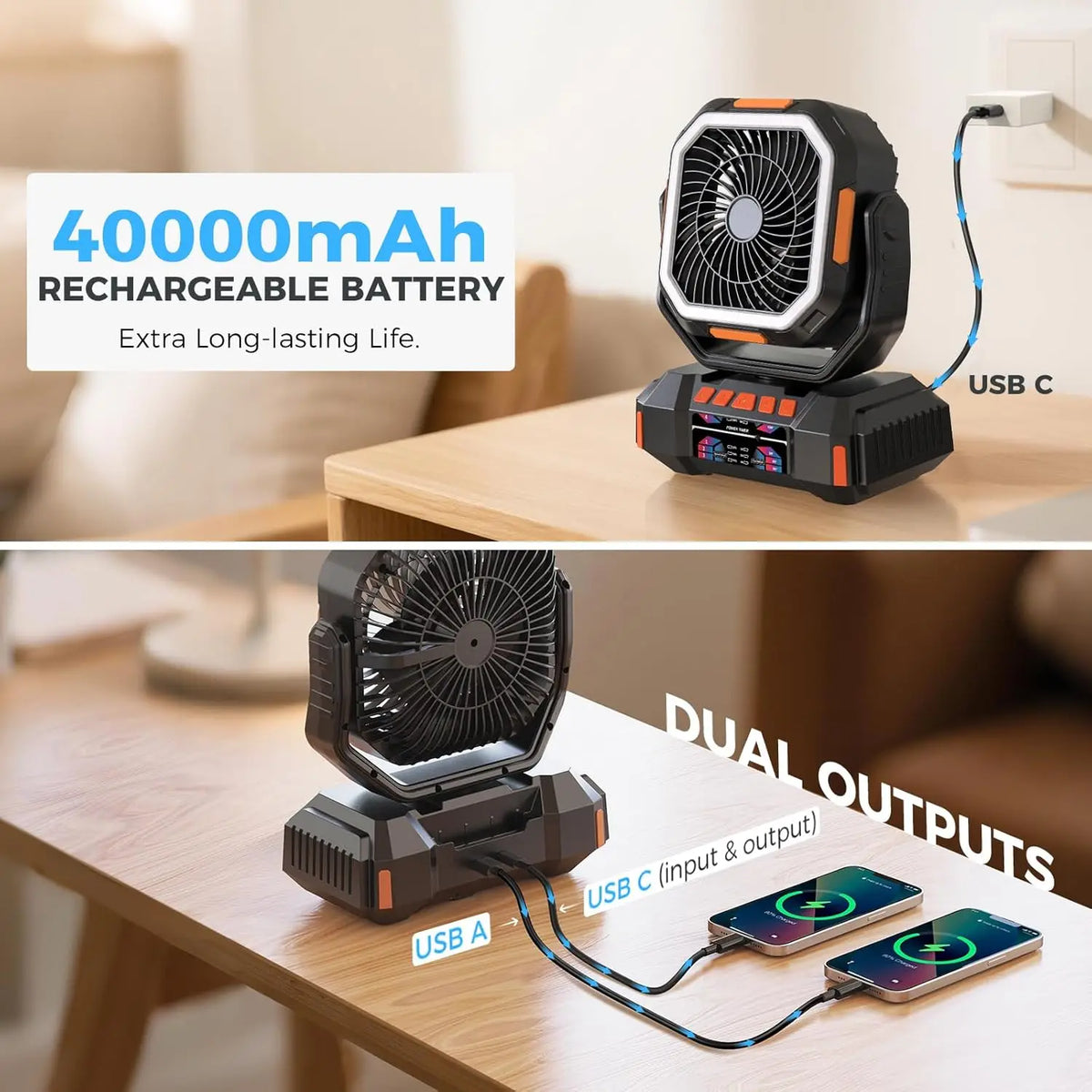 40000mAh Rechargeable Camping Fan with LED Light & Remote