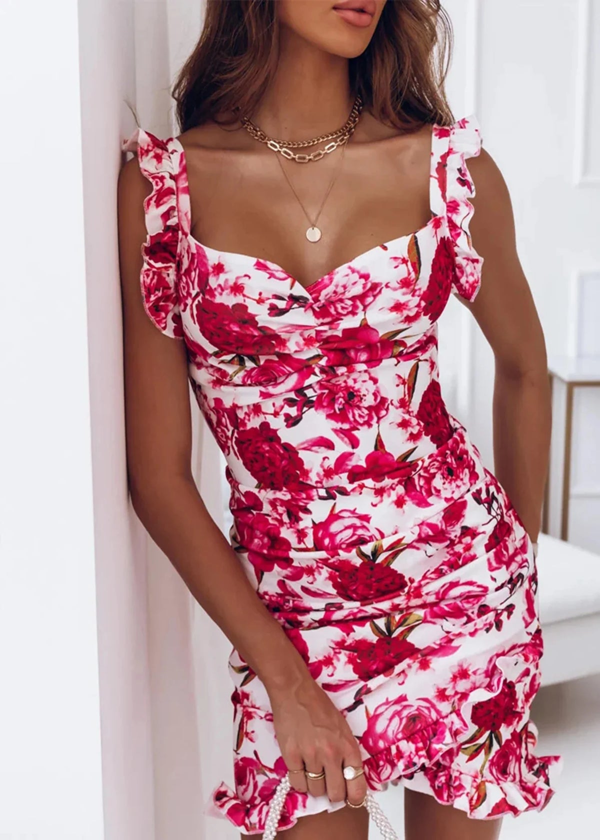 Summer New Women's Ruffle Edge Sleeveless V-neck Wrap Hip Fragmented Flower Dress
