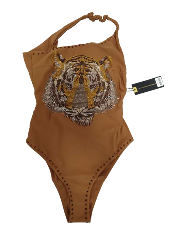Christian Audigier One piece asymmetrical neck strap lion rhinestone swimwear CASW22010