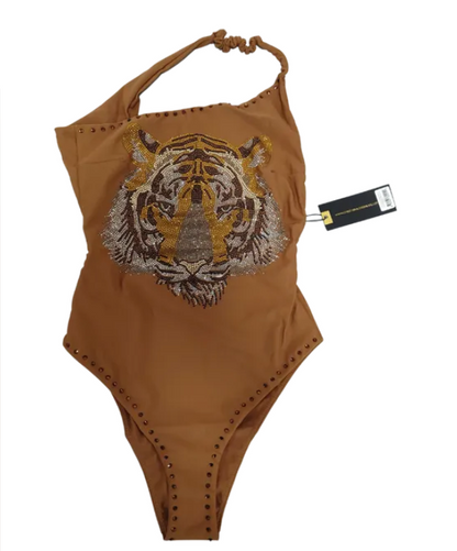 Christian Audigier One piece asymmetrical neck strap lion rhinestone swimwear CASW22010