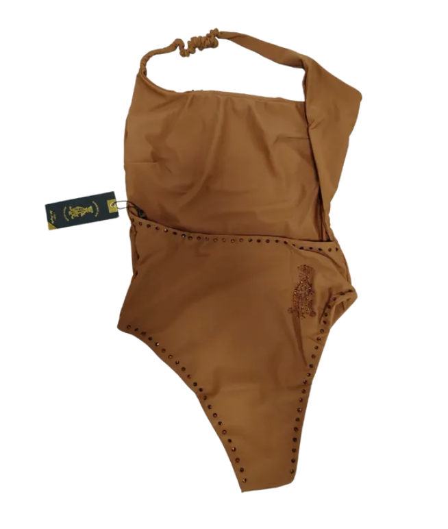 Christian Audigier One piece asymmetrical neck strap lion rhinestone swimwear CASW22010