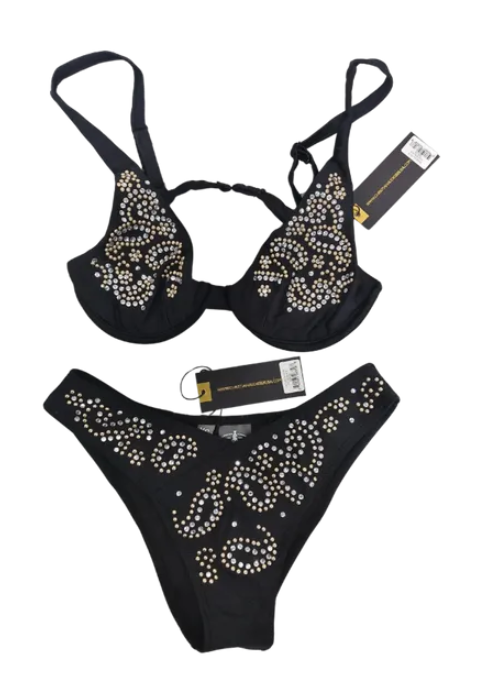 Christian Audigier 2 Piece Bra and High Contour Cut Bikini Black With Rhinestones Ca-10178 Blk Rnstn