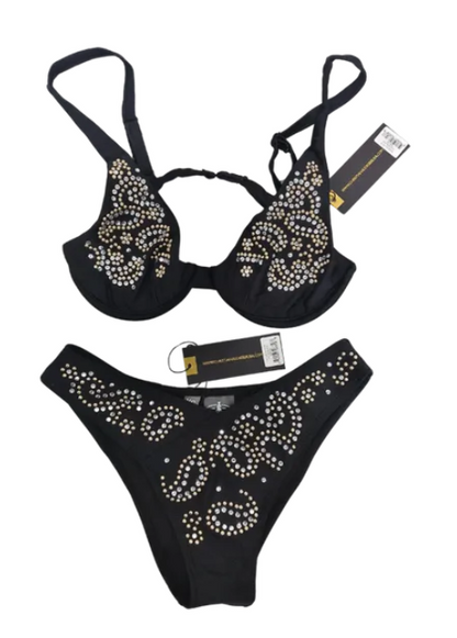 Christian Audigier 2 Piece Bra and High Contour Cut Bikini Black With Rhinestones Ca-10178 Blk Rnstn