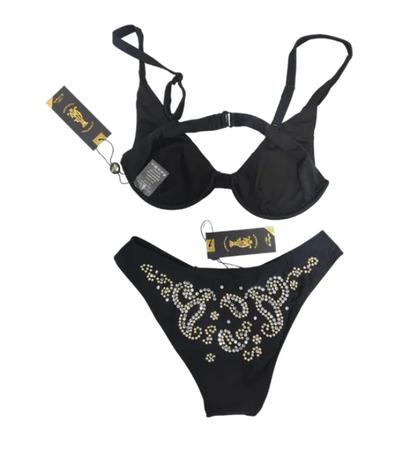 Christian Audigier 2 Piece Bra and High Contour Cut Bikini Black With Rhinestones Ca-10178 Blk Rnstn