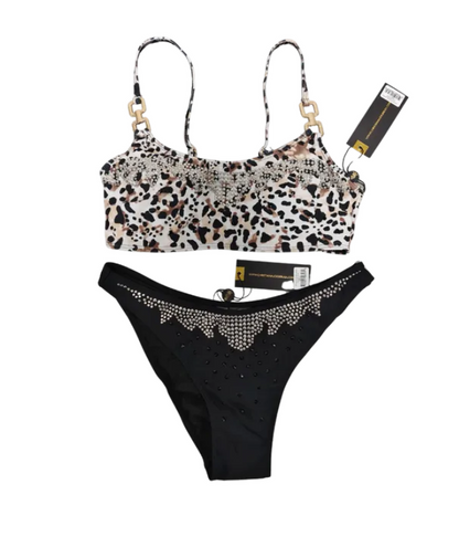 Christian Audigier 2 Piece Animal Print Crop Tank Style Top With High Cut Black Bikini Bottoms Ca-10162-Eden