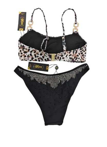 Christian Audigier 2 Piece Animal Print Crop Tank Style Top With High Cut Black Bikini Bottoms Ca-10162-Eden