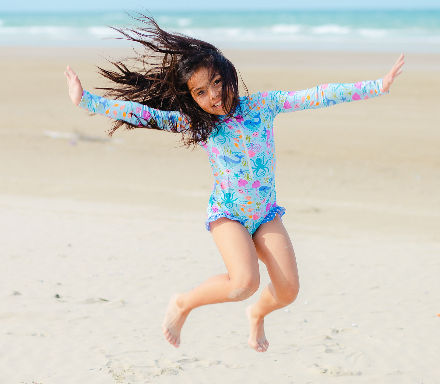 Millie Loves Lily Girls Swim One-Piece Rashguard - Ice Blue Sea Creatures - FINAL SALE