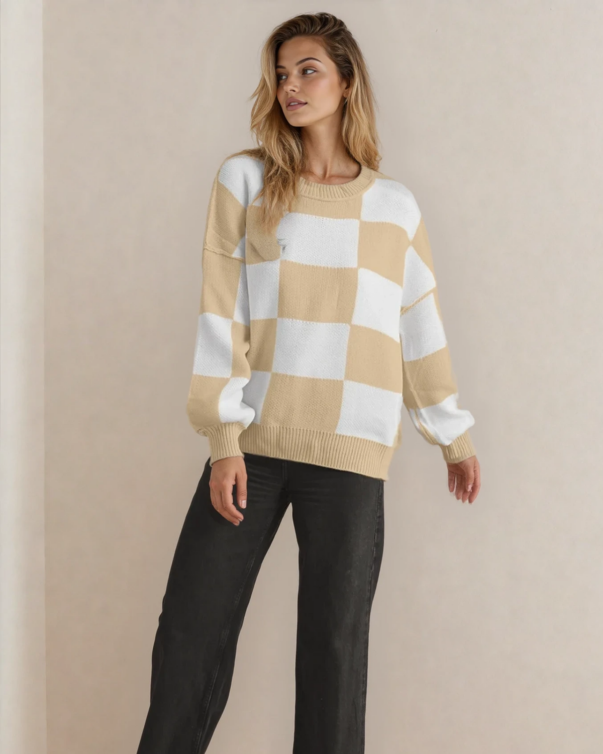 Checkered Crew Neck Sweater - Khaki