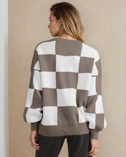 Checkered Crew Neck Sweater - Brown
