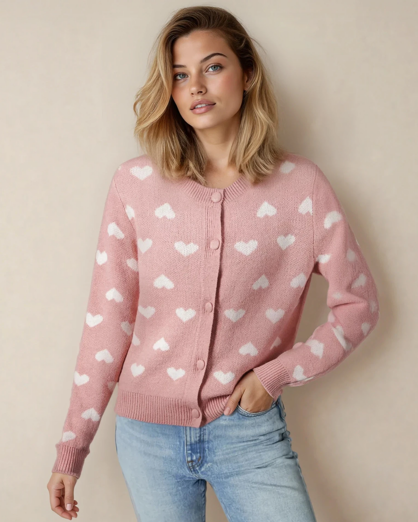 Anna Heart Pattern Button Front Cardigan Sweater
