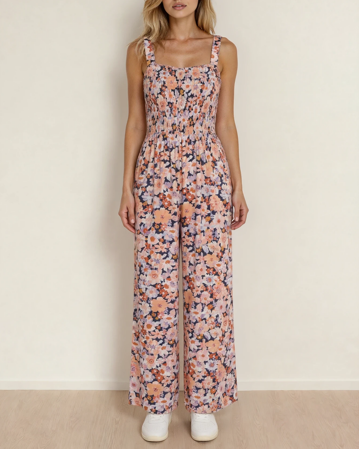 Angelica Square Neckline Stretch High Waist Jumpsuit - Pink Floral