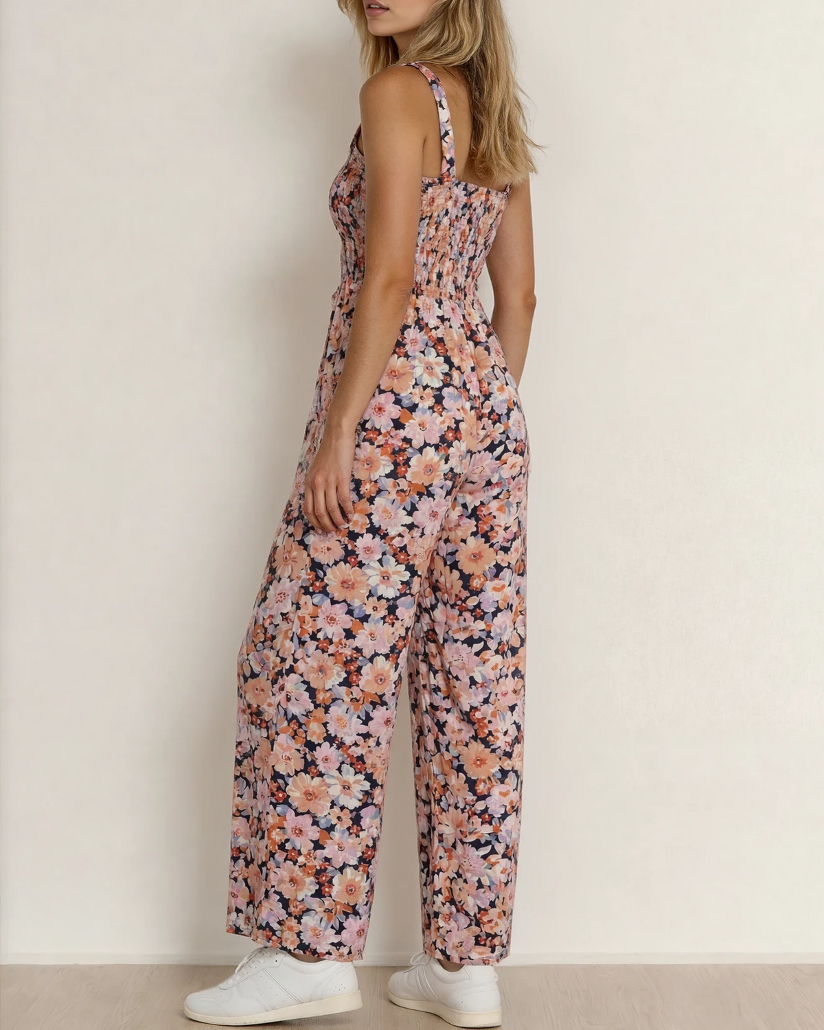 Angelica Square Neckline Stretch High Waist Jumpsuit - Pink Floral