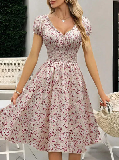 2026 Summer New Vintage Floral Bubble Sleeve French Dress