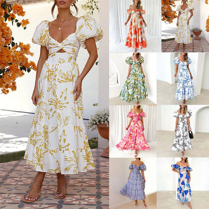 Summer V Neck Cutout Floral Print Dresses Elegant Women Puff Short Sleeve Casual Dress Pleated Waisted Swing Beach Long Dress 2026