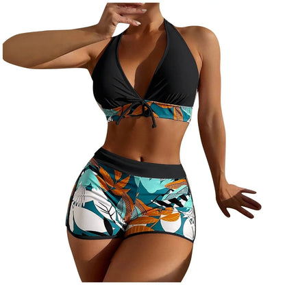 Women's Paneled Printed Swimsuit Ladies Fashion High Waist Swimsuit Two-Piece Set V-Neck Bathing Suits Female