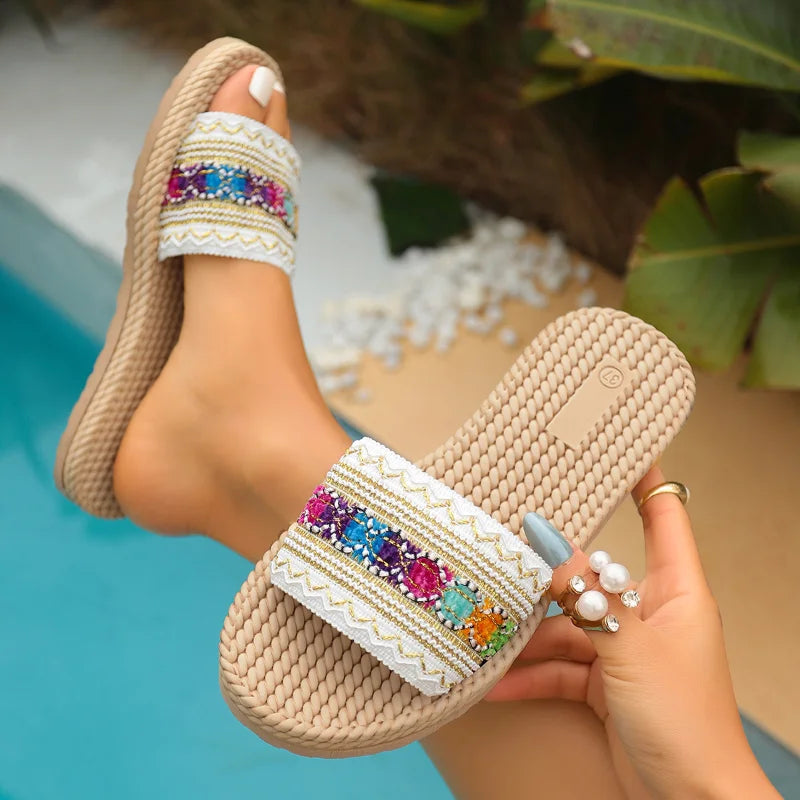 2026 New Summer Women Slippers Beach Fashion Sandals Ethnic Style Round Toe Casual Comfortable Flat Slippers Women Big Size 43