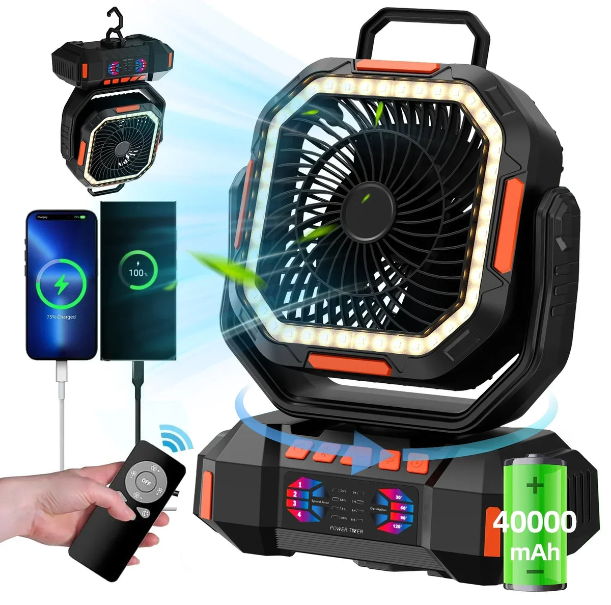 40000mAh Rechargeable Camping Fan with LED Light & Remote
